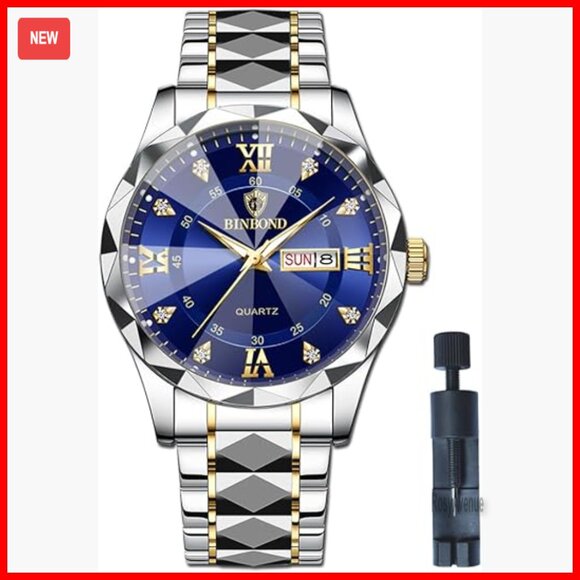 Stainless Steel Quartz Watch with Week Date Calendar Waterproof Business Dress